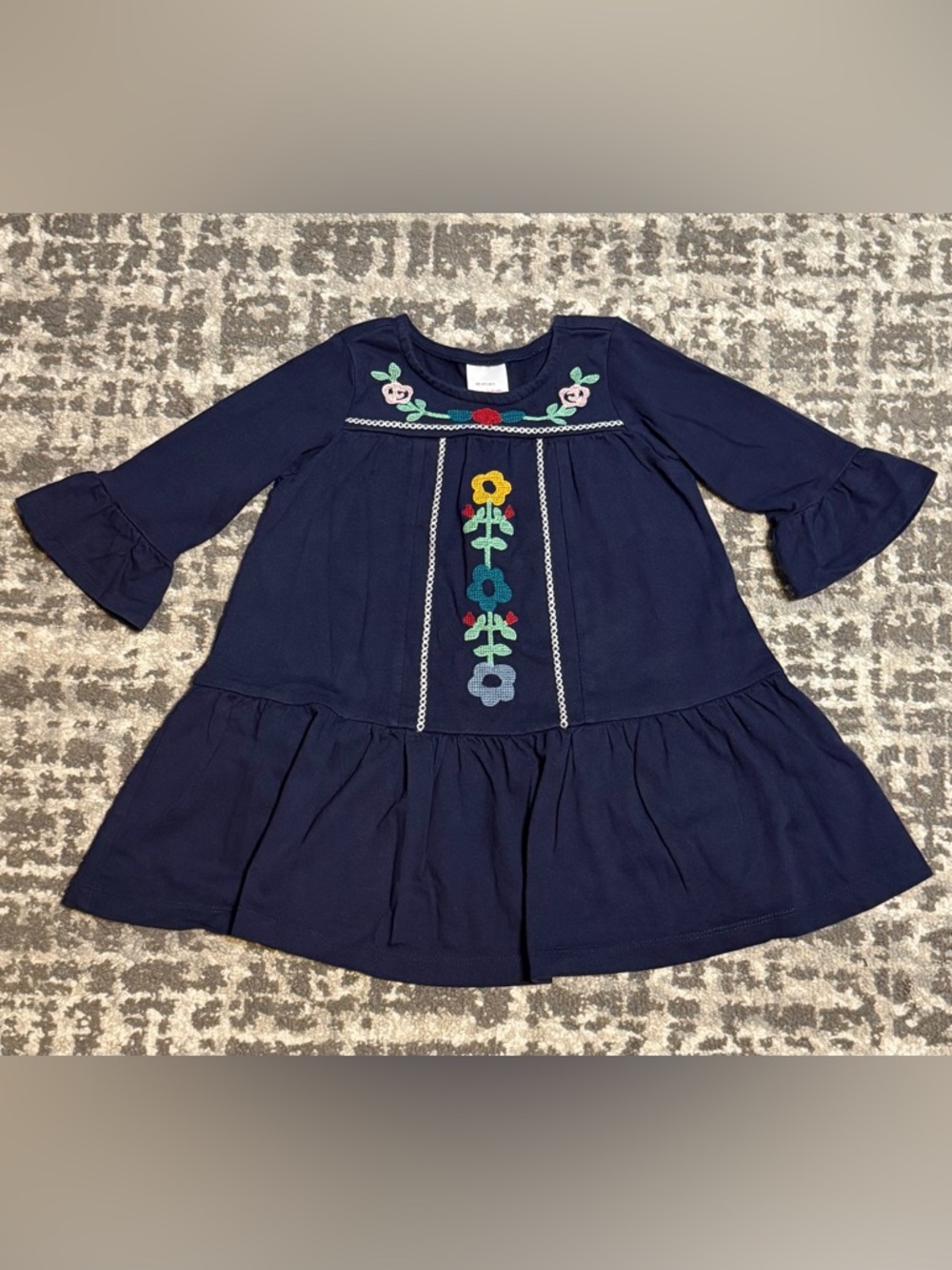 Hanna Andersson - Girls’ Navy Floral Embroidered Ruffle-Sleeve Dress, Size - 3